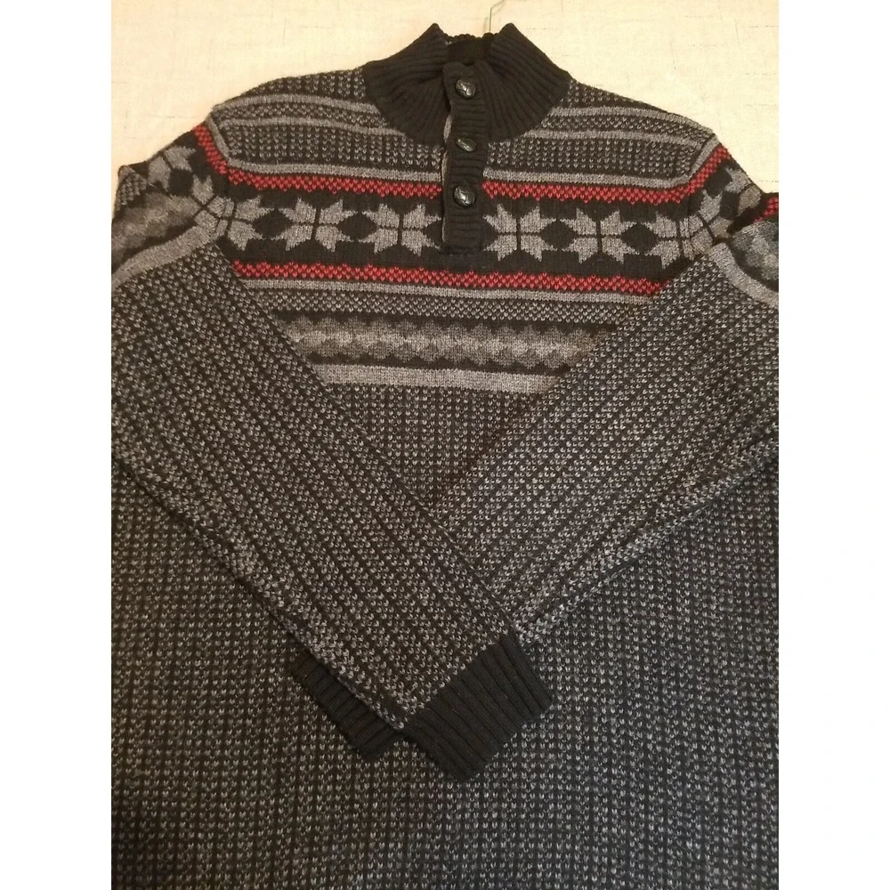 Club  Room Mens‎ L Wool  Blend Black Gray Red Fair Isles Button Pullover Sweater